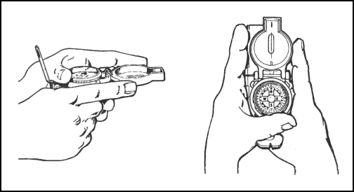 Sketch showing the center-hold compass technique with soldier holding compass at waist level