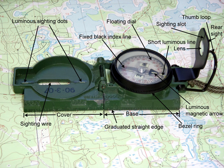 Labeled photograph of a lensatic compass showing cover, lens, bezel ring, thumb loop, and sighting wire